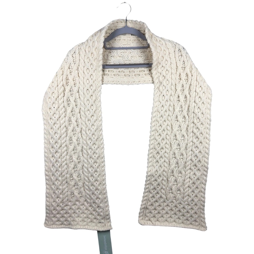 NWT IrelandsEye 100% Virgin Wool Cable Knit Aran Scarf in Beige Natural Sz 64x9